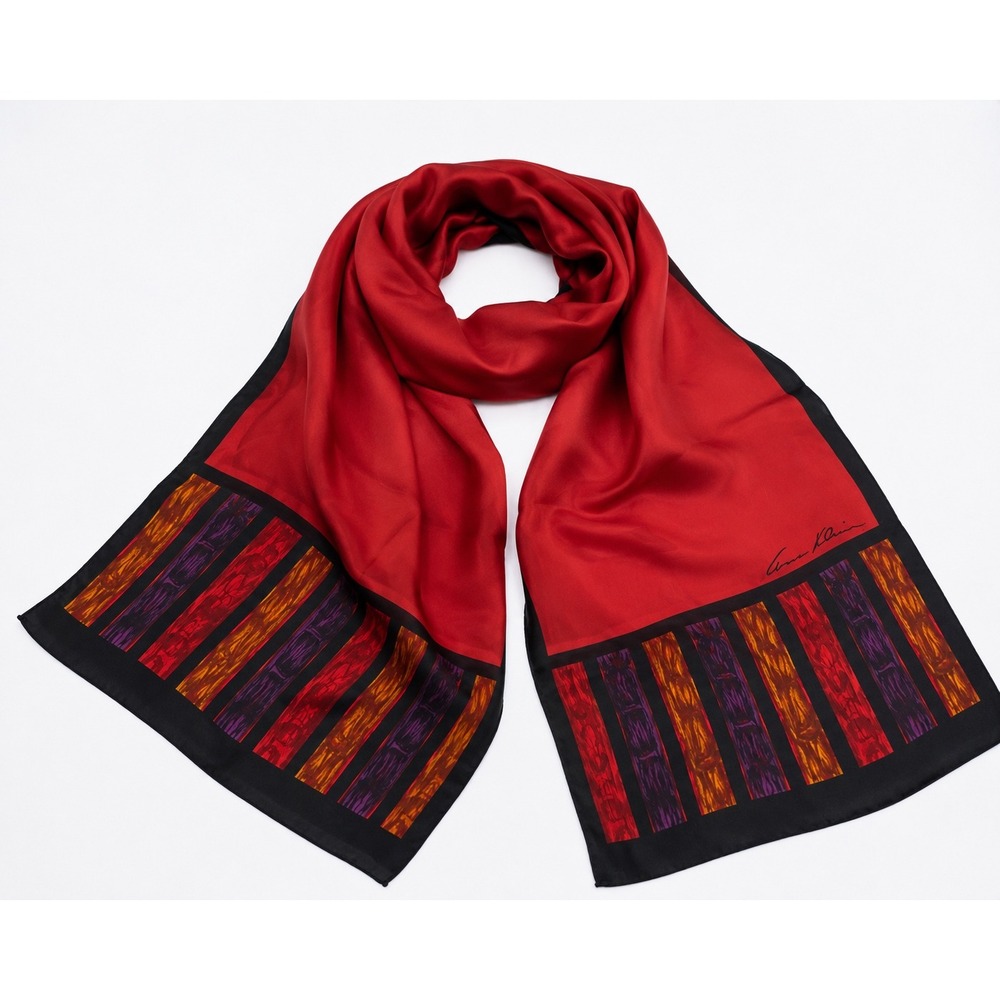 Anne Klein Scarf Women OS Red Silk Striped Border Vintage